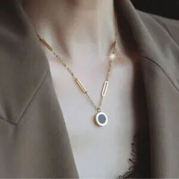 Jewelry - Gold Plated Stainless Steel Round Double Sided Pendant Necklace